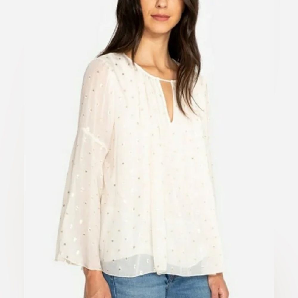 Johnny was love women’s large Bianca v neck silk‎ metallic flare sleeve top
